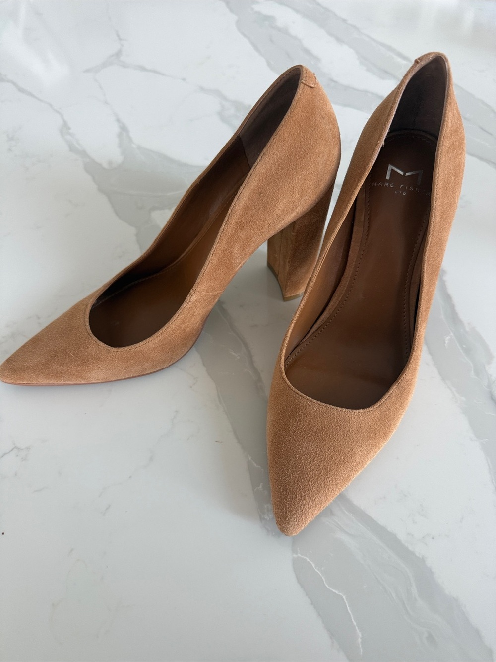 Marc Fisher suede tan heels. Great condition, very comfy with the thicker heel.